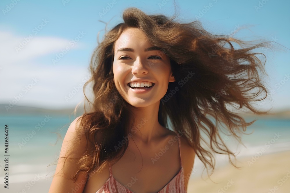 Portrait of happy young woman smiling at sea. Brunette tanned girl in swimwear enjoying and walking on beach. Portrait of happy young woman smiling at sea. Brunette tanned girl in swimwear enjoying and walking on beach.