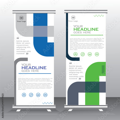 roll up banner stand design with abstract geometric colorful. black and light blue standee design, vertical banner, x standee banner template. pull up banner, presentation and brochure flyer. vector,