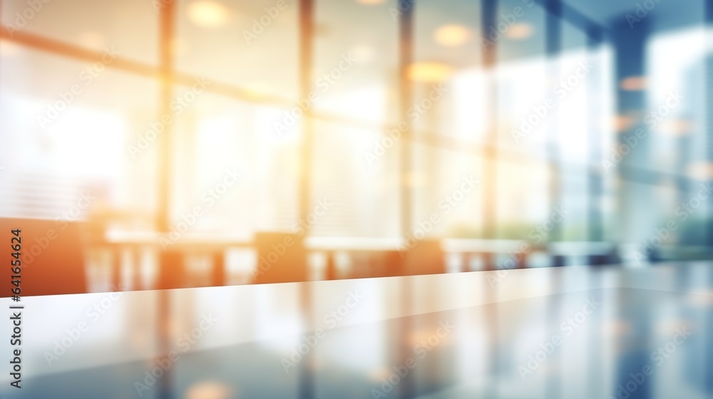 Blurred empty open space office. Design background with abstract light bokeh at office interior. Generative AI Blurred empty open space office. Design background with abstract light bokeh at office interior. Generative AI