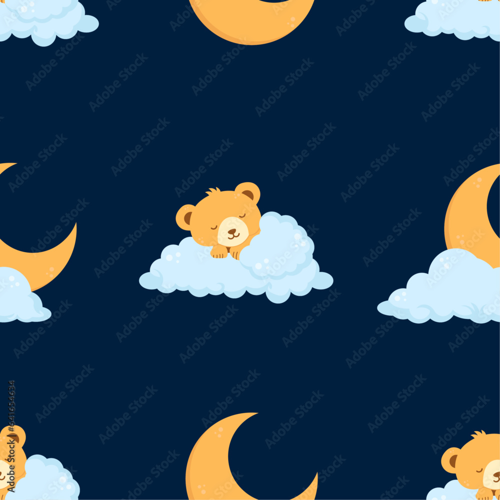 Night seamless pattern with sleeping bear and moon Night seamless pattern with sleeping bear and moon
