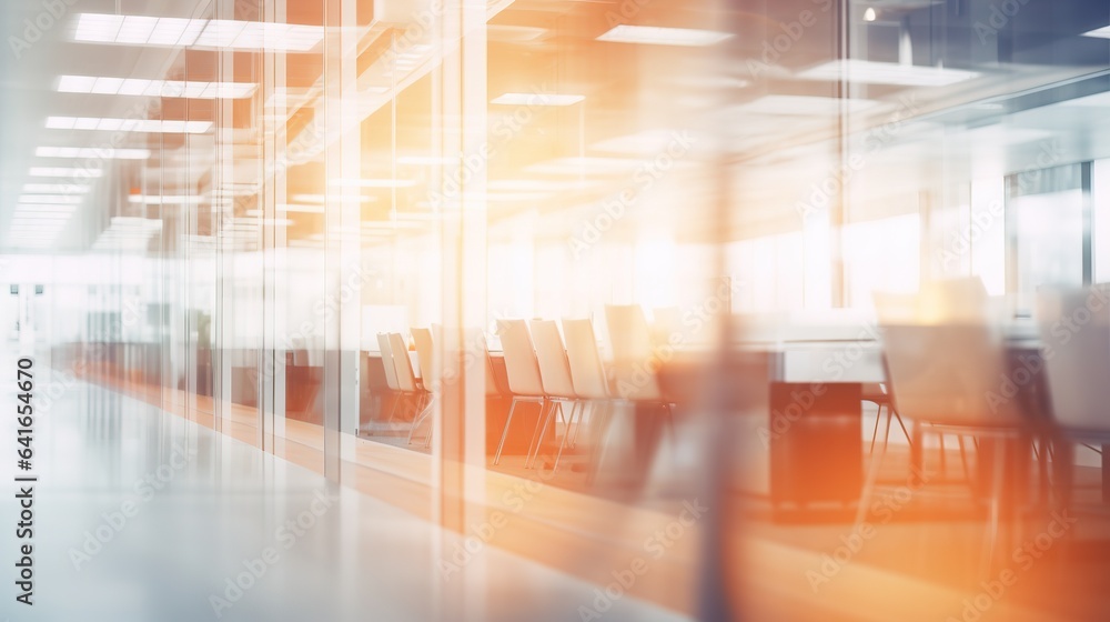 Blurred empty open space office. Design background with abstract light bokeh at office interior. Generative AI Blurred empty open space office. Design background with abstract light bokeh at office interior. Generative AI