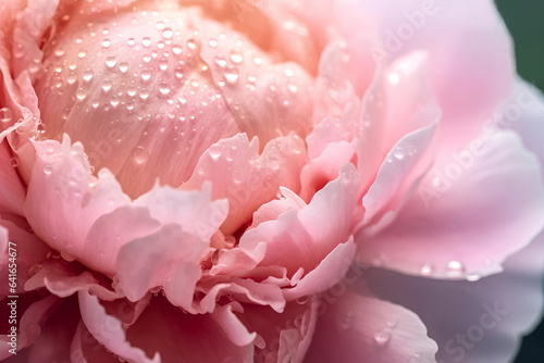 macro view of many delicate smooth pink colored peony flower. Lots of wet petals with water drops shining on summer sunlight. Design element with copy space.