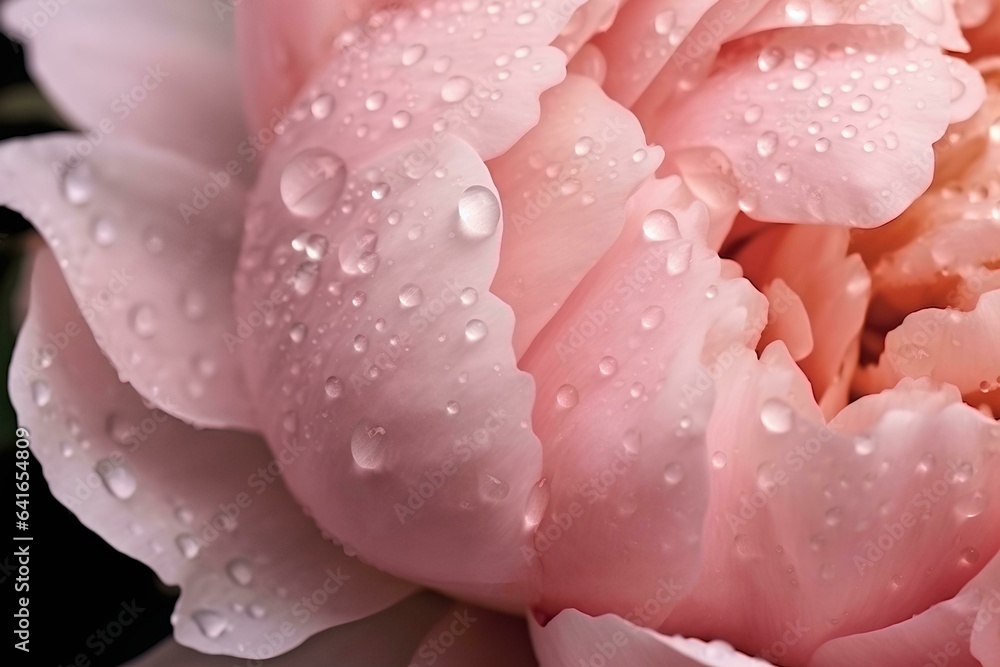macro view of many delicate smooth pink colored peony flower. Lots of wet petals with water drops shining on summer sunlight. Design element with copy space.