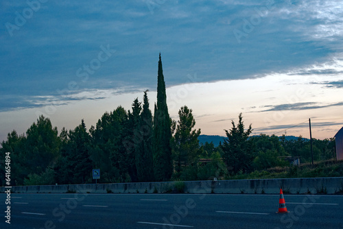 Scenic view of trees with cone and cloudy sky early in the morning at highway in southern France. Photo taken June 8th, 2023, highway, France.