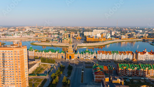 Yoshkar-Ola  Russia. City center in the morning light. Embankment of the river Malaya Kokshaga  Aerial View