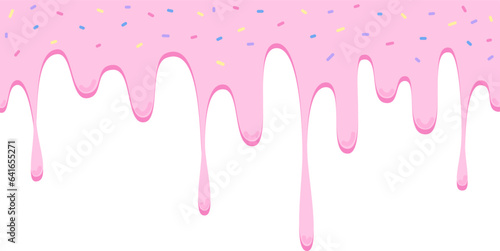 melted strawberry pink cream dripping dessert background with sprinkles