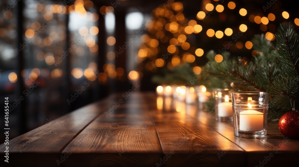 Empty wooden table with a festive Christmas Empty wooden table with a festive Christmas