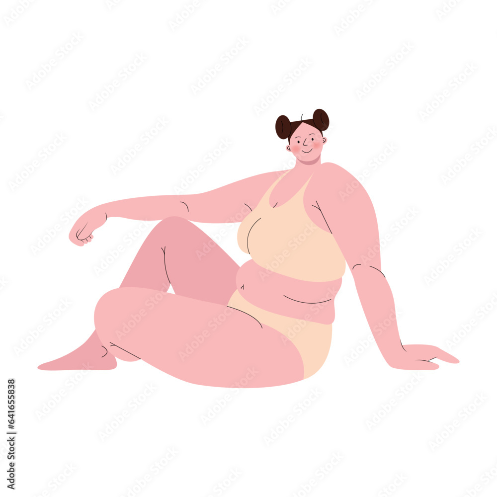 Chubby woman wearing two piece sitting pose flat illustration