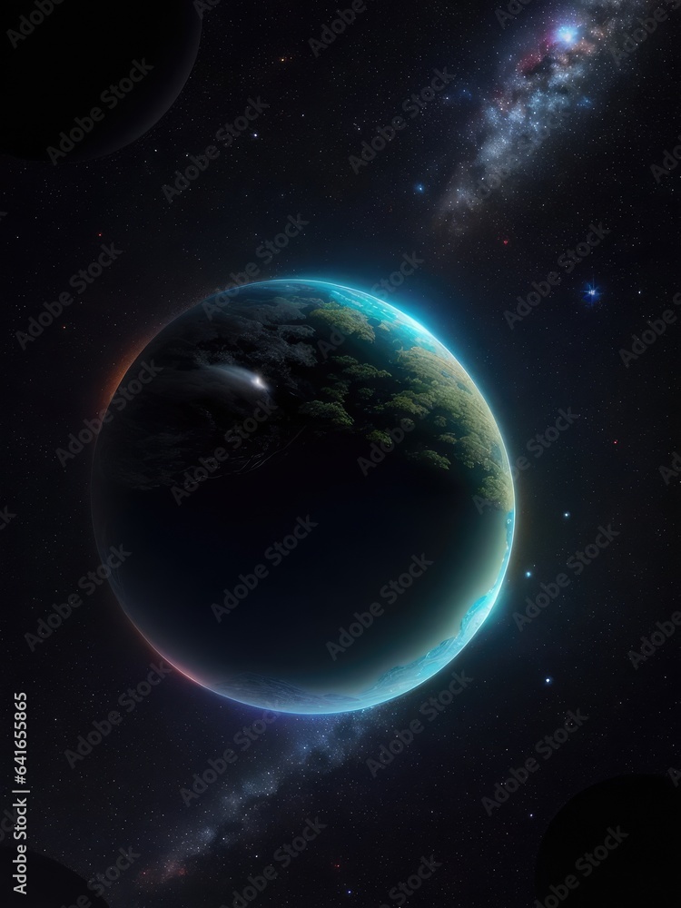 Fototapeta premium Night landscape with a starry sky. Planet, space. Illustration. Generative AI