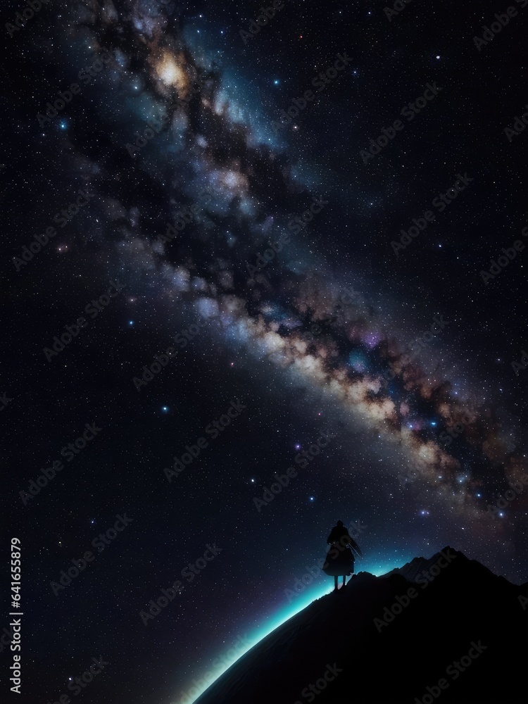 Obraz premium Night landscape with a starry sky. Planet, space. Illustration. Generative AI