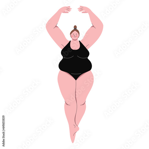 Chubby woman wearing bodysuit dancing ballet flat illustration