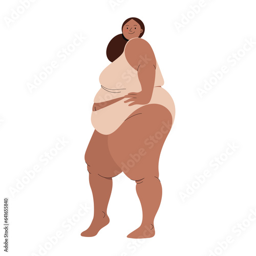 Chubby woman wearing two piece posing sideways flat illustration