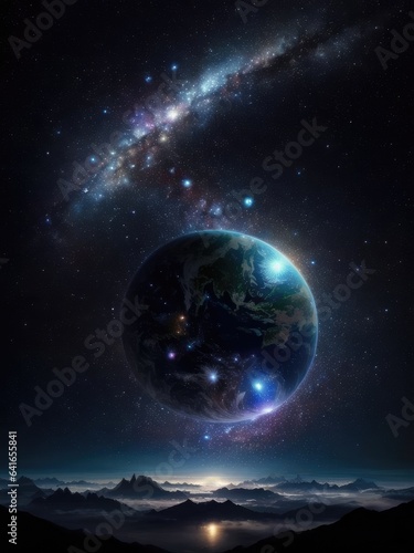 Night landscape with a starry sky. Planet  space. Illustration. Generative AI