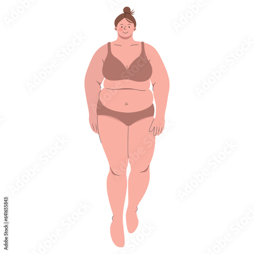 Chubby woman wearing two piece walking flat illustration