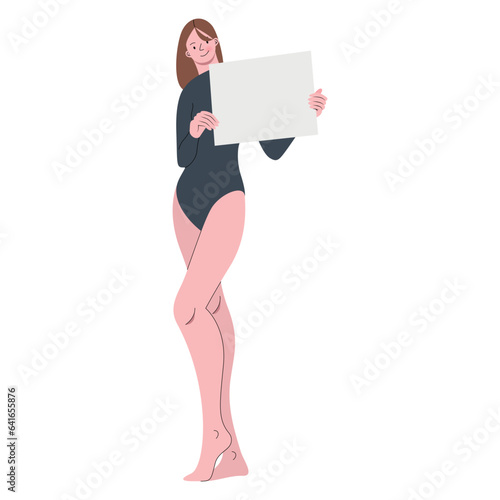 Woman with bodysuit holding blank sign flat illustration