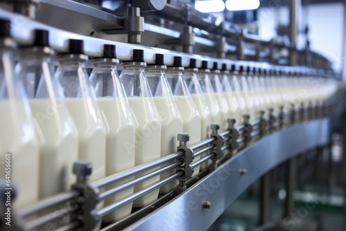 Vászonkép Filling milk or yoghurt in to plastic bottles at factory