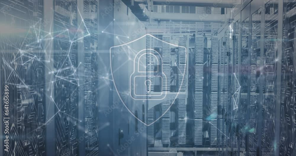 Animation of padlock and shield icon with connected dots over data server systems