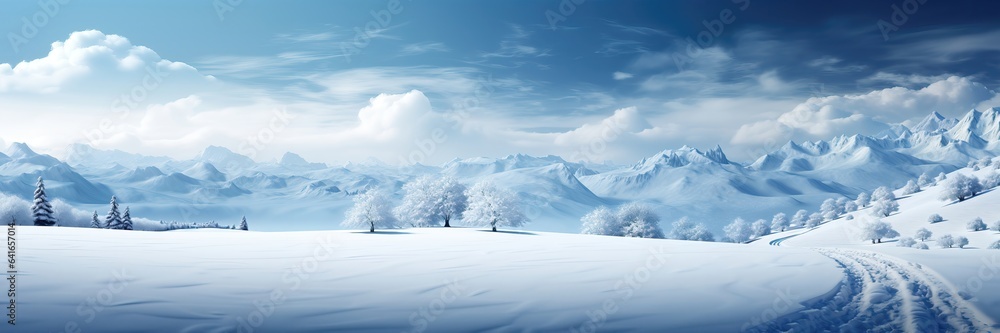 Obraz premium A vast snow-covered landscape, imprinted with the tracks of a snowmobile, while mountains grace the distant background, forming an invigorating backdrop. Photorealistic illustration, Generative AI