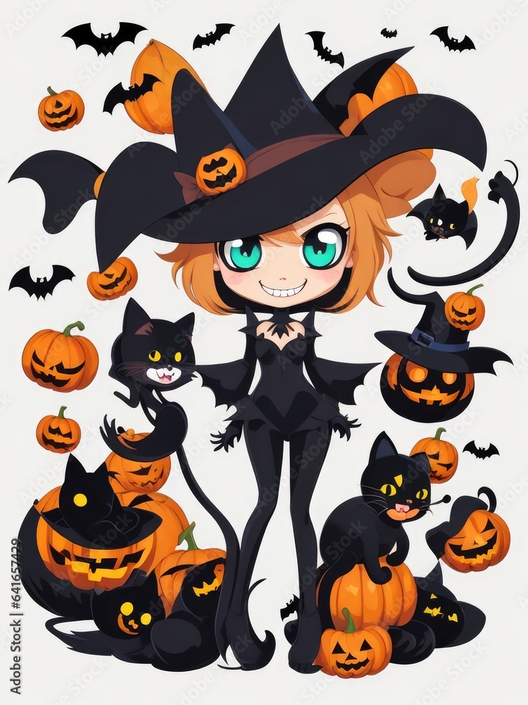 Halloween illustration. Witch with bats. Generative AI