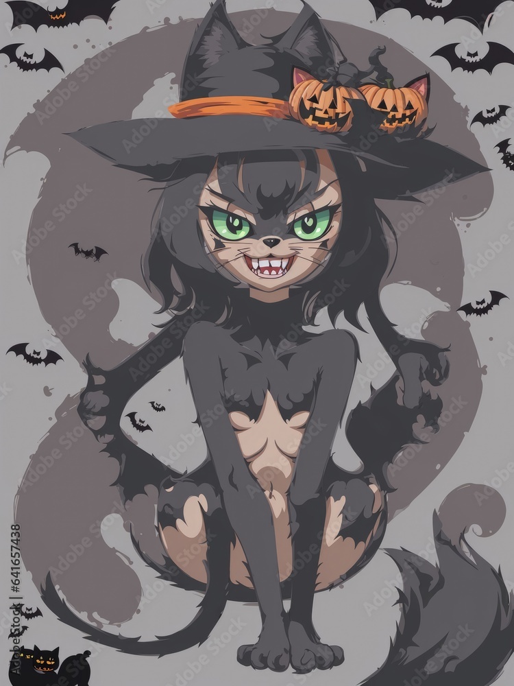 Halloween illustration. Witch with bats. Generative AI Halloween illustration. Witch with bats. Generative AI