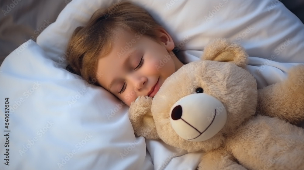 Sweet dreams: peaceful child sleeping beside his teddy bear