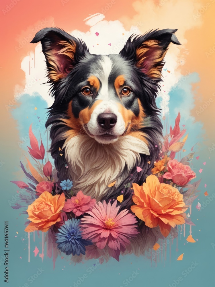 Fototapeta premium Artistic portrait of a beautiful dog with flowers. Generative AI