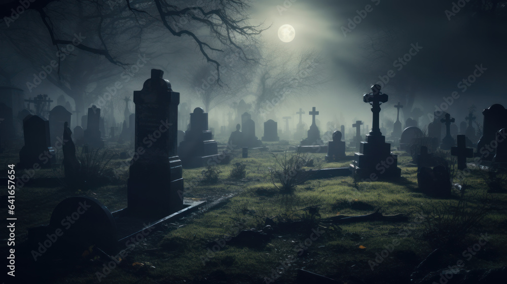 Eerie cemetery under a full moonlit night shrouded in fog