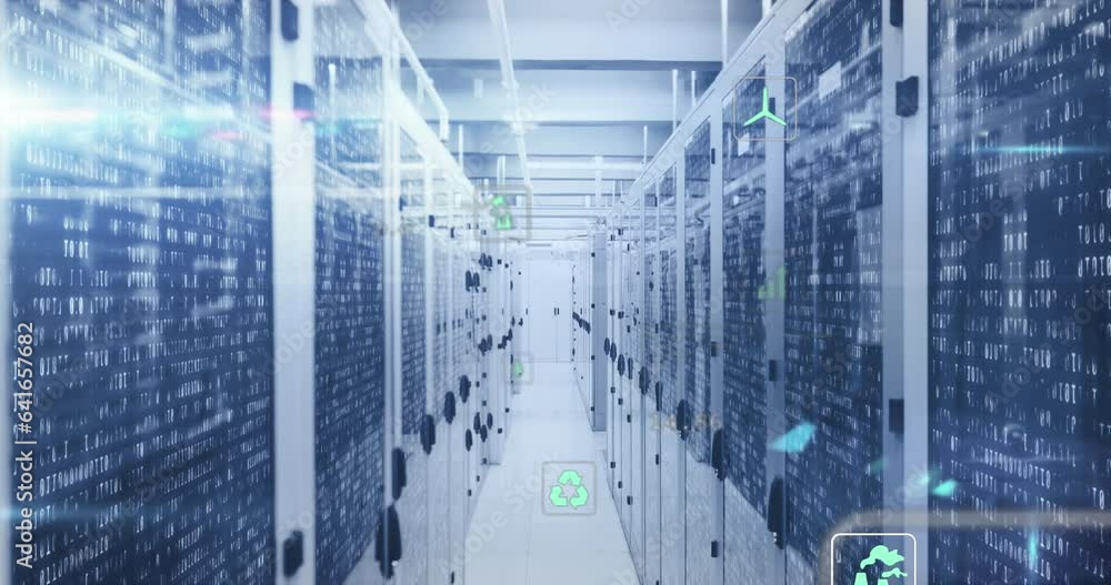 Animation of icon in circles over binary codes on data server racks in server room Animation of icon in circles over binary codes on data server racks in server room