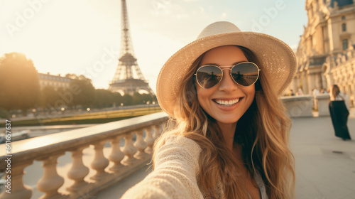 Young influencer girl taking a selfie with the Eiffel Tower in the background