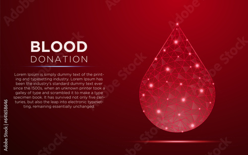 Low poly blood donation vector with futuristic concept. Medical red low poly wire-frame design. Save lives, support communities illustration.