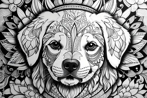 Printable coloring page of cute dog on white background - mandala theme. Image created using artificial intelligence.