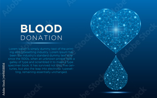 Low poly blood donation vector with futuristic concept. Medical blue low poly wire-frame design. Save lives, support communities illustration.