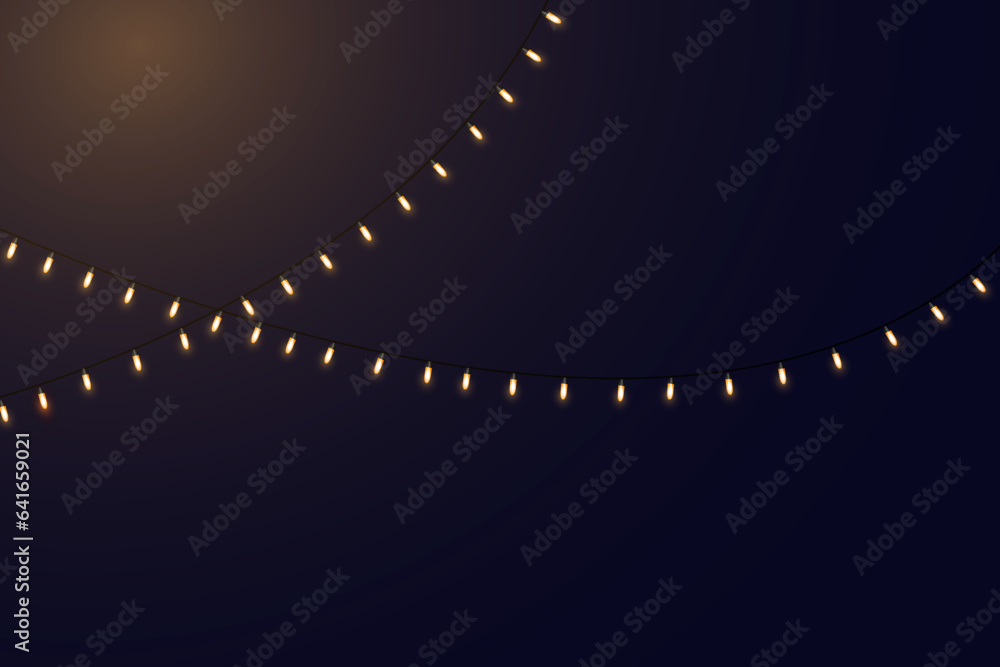 Festive Christmas light gold garlands PNG. Decor element for postcards, invitations, backgrounds, business cards. Winter new collection 2023.