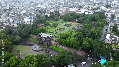 Drone footage of Shaniwar wada fort in Pune, India. Indian historical fortification in the city of Pune. Fort situated in centre of Pune city. Indian architecture. Smart city India