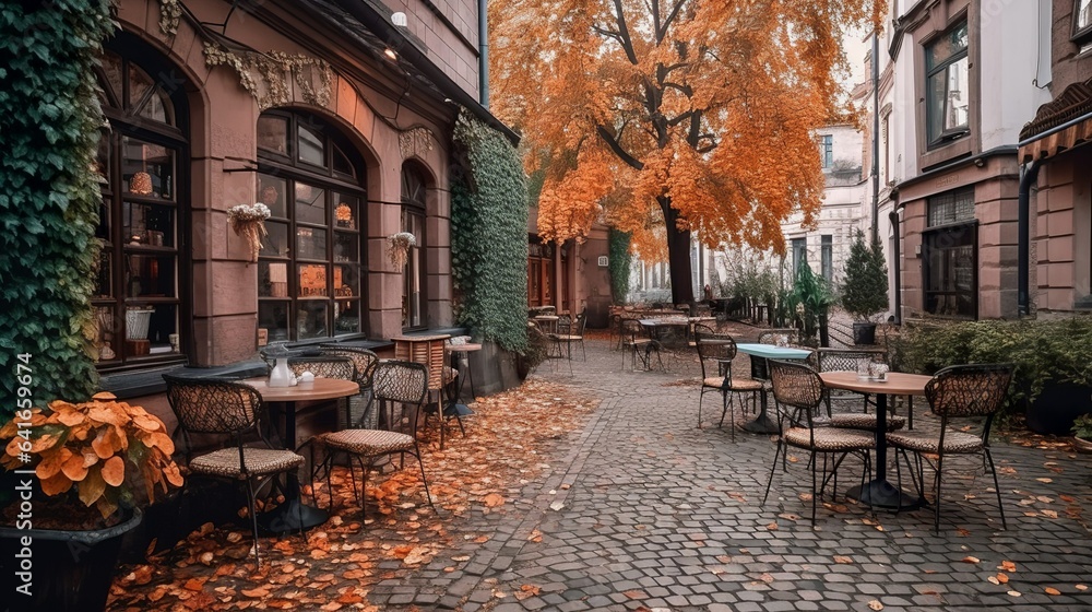 Fototapeta premium Cozy fall decor in a coffee house's terrace 