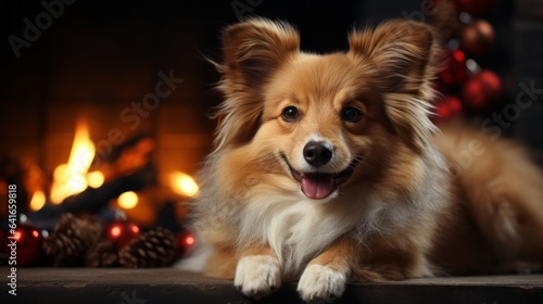 Christmas Dog near a fireplace © karandaev