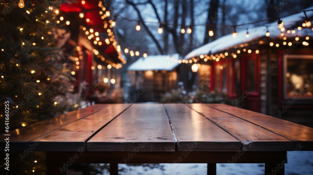 Empty wooden table with a festive Christmas