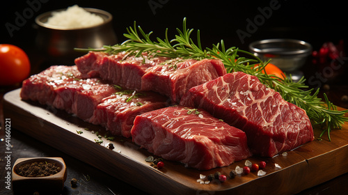 Raw beef steak on cutting board with rosemary and spices on dark background