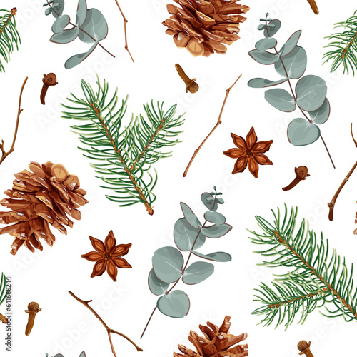 Christmas seamless pattern with pine cones, Christmas tree, eucalyptus, anise, cloves and branches.