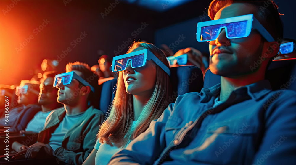 Obraz premium Group of Young people wear 3D glasses watching movies in cinema. Generative Ai