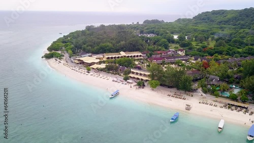 Aerial view of Gili Trawangan, West Nusa Tenggara. Panoramic showcasing architecture, coastal, boats, beach, and natural beauty.