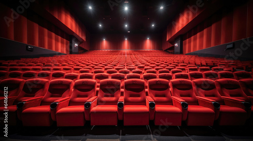 Empty comfortable red seats in cinema. movie. Generative Ai