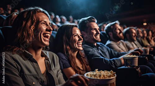 Group of cheerful people laughing while watching movie in cinema. concept of recreation and entertainment. Generative Ai