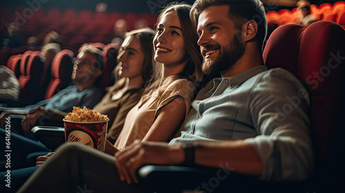 Happy young couple sitting at the cinema and enjoys watching the movie. concept of recreation and entertainment. Generative Ai