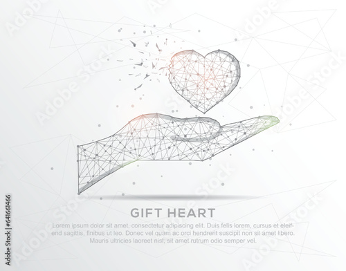 Giving red love heart on hand abstract mash line and composition digitally drawn in the form of broken a part triangle shape and scattered dots.
