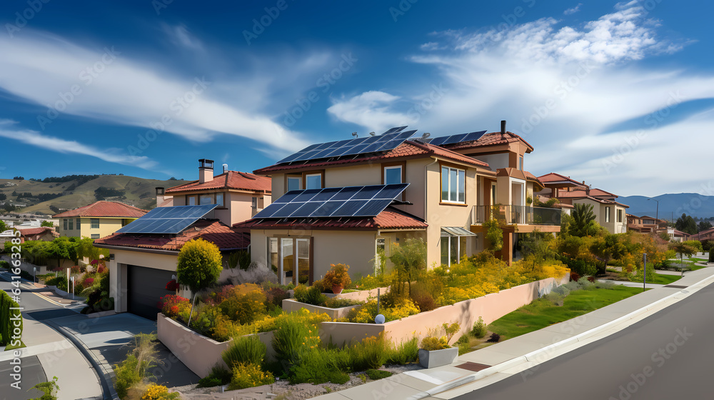 Eco friendly neighborhood with solar panels on houses roofs