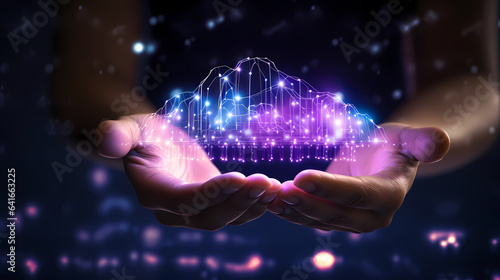 Digital technology network concept. Icon digital cloud over hand in neon lights. Digital rain of data comes from digital cloud. Internet Datum storage synchronization. upload or download information