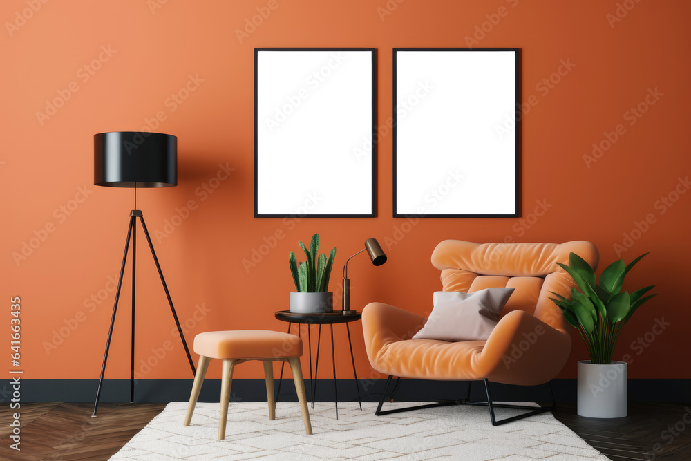 Wall art mockup. Two blank wall arts with black borders. Living room with orange color wall background Wall art mockup. Two blank wall arts with black borders. Living room with orange color wall background
