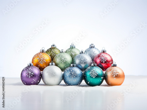 Multicolored round festive Christmas balls on a white background