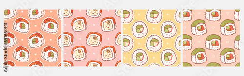 Collection of seamless pattern with cartoon kawaii sushi roll. Vector cute anime prints for phone case, backgrounds, fashion, wrapping paper and textile